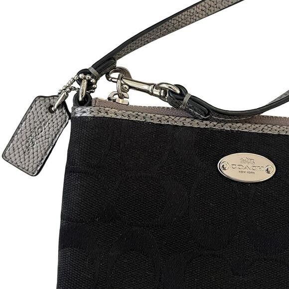 COACH Black Canvas Zip Wallet Purse Wristlet Metallic Pewter Trim F64643 - Picture 2 of 8